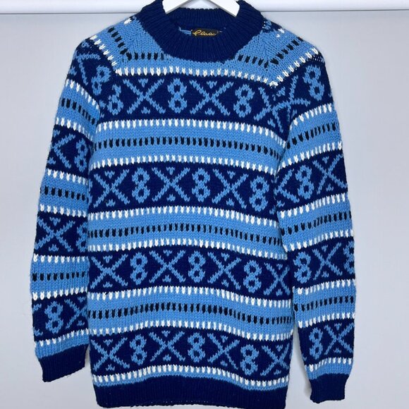 Lambswool Vtg Chilean Sweater Blue Fair Isle Hand Knit Ski Aztec Tribal Sz Small - Picture 1 of 7